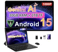 2026 Tablet 10 Pulgadas Android 15, 30GB RAM + 2TB TF, Gemini AI, Octa-Core, 5G WiFi 6, Widevine L1, GMS, GPS, BT 5.0, 6000mAh, 5+8MP, 3.5mm Audio, FHD Tablet con Teclado + Ratón + Funda, Negro