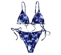 2026 Tie-Dye Bikini Up High Lace Two Print Piece Traje de Baño para Mujer Conjunto de Traje de Baño Corte Pierna Swimwears Tankinis Set, azul, S