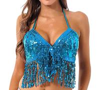 2026 Top de danza del vientre para mujer con borla de lentejuelas como cuello halter para ocasiones festivas, BU1, A