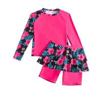 2026 Traje de baño de dos piezas para niñas, UPF 50, con falda de volantes, correa ajustable, Rosa1., 12-13 años