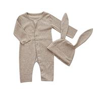 2026 Traje de conejito para bebé, niño, niña, mis primeros trajes para bebés, recién nacidos, mono acanalado con botones, sombrero largo de conejo, caqui, 3-6 meses