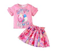 2026 Traje de niña de dos piezas con estampado de huevos de conejito de Pascua, blusa elegante con detalle de lazo y falda plisada, Rosa intenso., 5-6 años