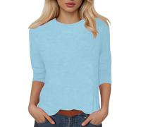 2026 UNA camiseta de moda e informal con cuello redondo y mangas tres cuartos para mujer, azul claro, S