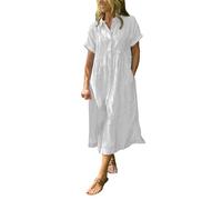 2026 - Vestido camisero de solapa a rayas con botones para mujer, vestido de camiseta midi a rayas azules y blancas para verano, bolsillos funcionales, vestido sexy de encaje para mujer, Blanco, 3XL