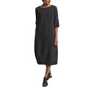 2026 Vestido De Algodón De Verano para Mujer- Talla Grande Manga 3/4 Cuello Redondo Elegante Vintage Informal Color Liso Holgado Suave Recto para Playa Verano Largo Medio Básica