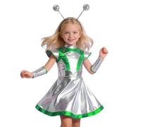 2026 Vestido de Galaxia Monada con Aro de Pelo Alienígena para Niñas Holográfico Brillante Vestido de Espacio Exterior Disfraz de Cadete Espacial Marciano 3-8 Años B613