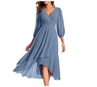 2026 Vestido de gasa para mujer, con cuello en V, manga larga, plisado, acampanado, largo midi para invitadas de boda, vestido de invitada de boda, color azul claro
