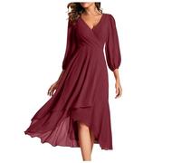 2026 Vestido de gasa para mujer, con cuello en V, manga larga, plisado, acampanado, largo midi para invitadas de boda, vestido de invitada de boda, color azul claro