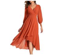 2026 Vestido de gasa para mujer, con cuello en V, manga larga, plisado, acampanado, largo midi para invitadas de boda, vestido de invitada de boda, color azul claro, naranja, XXL