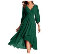 2026 Vestido de gasa para mujer, con cuello en V, manga larga, plisado, acampanado, largo midi para invitadas de boda, vestido de invitada de boda, color azul claro