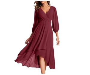 2026 Vestido de gasa para mujer, con cuello en V, manga larga, plisado, acampanado, largo midi para invitadas de boda, vestido de invitada de boda, color azul claro