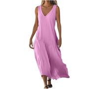 2026 Vestido de Lino Algodón Mujer Cuello V, Maxi Vestido Mujer Sin Mangas Ligeros y Cómodos Vestidos Largo Verano per Playa Vestidos de Color Sólido