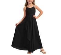 2026 vestido de niña de boda en una línea de gasa que fluye vestido maxi para jóvenes damas de honor vestido de novia vestido de fiesta, Negro , 9-10 años