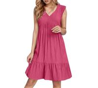 2026 Vestido de verano para mujer, sin mangas, cuello en V, minivestidos, a la moda, informal, fluido, bohemio, volantes, línea A, swing 2025, vestido de verano sexy, Rosa intenso., M