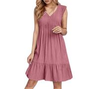 2026 Vestido de verano para mujer, sin mangas, cuello en V, minivestidos, a la moda, informal, fluido, bohemio, volantes, línea A, swing 2025, vestido de verano sexy, Rosa., L