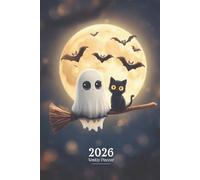 2026 Weekly Planner: Cute Ghost & Black Cat with Full Moon | Witchy Halloween Journal