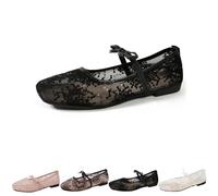 2026 Women's Lace Embroidery Ballet Flats Sheer Floral Mesh Flats, Elegant Square Toe Embroidery Flat Mary Jane Shoes with Bow Strap (Black,36)