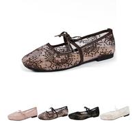 2026 Women's Lace Embroidery Ballet Flats Sheer Floral Mesh Flats, Elegant Square Toe Embroidery Flat Mary Jane Shoes with Bow Strap (Coffee,42)