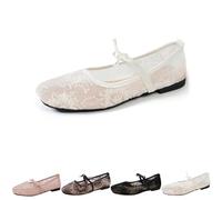 2026 Women's Lace Embroidery Ballet Flats Sheer Floral Mesh Flats, Elegant Square Toe Embroidery Flat Mary Jane Shoes with Bow Strap (White,40)