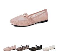 2026 Women's Lace Embroidery Ballet Flats Sheer Floral Mesh Flats, Elegant Square Toe Embroidery Flat Mary Jane Shoes with Bow Strap (Pink,41)