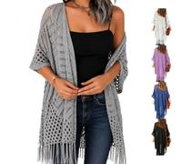 2026 Women's Lightweight Knit Cardigan Oversized Open Front Outwear Summer Hollow out Crochet Tassel Kimono Boho Beach Cover (Gray)