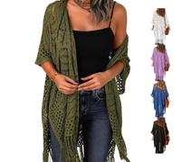 2026 Women's Lightweight Knit Cardigan Oversized Open Front Outwear Summer Hollow out Crochet Tassel Kimono Boho Beach Cover (Army Green)