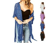 2026 Women's Lightweight Knit Cardigan Oversized Open Front Outwear Summer Hollow out Crochet Tassel Kimono Boho Beach Cover (Blue)