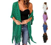 2026 Women's Lightweight Knit Cardigan Oversized Open Front Outwear Summer Hollow out Crochet Tassel Kimono Boho Beach Cover (Green)