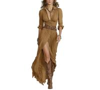 2026 Women's Long Sleeve Button Front Maxi Dress Asymmetrical Ruched Country Concert Western Cowgirl Flowy Dresses (Camel,S)