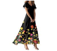 2026Vestido Playa Mujer Vestido Mujer Manga Corta Estampado Flores Cuello en V Corte Fluido Amplio Ligero Transpirable Informal de Verano Ideal para Playa Viajes y Paseos Diarios (f-Yellow, XXL)