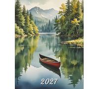 2027: Large Monthly Calendar Planner - Watercolor Lake With Canoe And Mountain Scenery