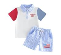 2027 Traje de verano patriótico para niño: camiseta con letras bordadas y pantalones cortos a cuadros, traje casual de dos piezas, Blanco, 12-18 meses