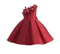 2027-Vestido Princesa Satinado para niñas con Flores diseño Hombro único Disfraz Piano Color sólido Elegante (Red, 4-5 Years)