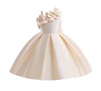 2027-Vestido Princesa Satinado para niñas con Flores diseño Hombro único Disfraz Piano Color sólido Elegante (Beige, 4-5 Years)