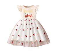 2027 - Vestidos para niña, sin mangas, vestido de malla con estampado de fresa y cereza, cintura elástica, ropa de juego cómoda para niños pequeños de 2 a 7 años, Blanco, 6-7 años