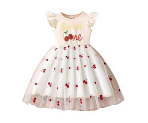 2027 - Vestidos para niña, sin mangas, vestido de malla con estampado de fresa y cereza, cintura elástica, ropa de juego cómoda para niños pequeños de 2 a 7 años, Blanco, 6-7 años