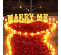2031 piezas de letras iluminadas "cásate conmigo" para decoración de propuesta, señal de "cásate conmigo" con 24 velas sin llama en forma de corazón, 2000 pétalos de rosa para decoración romántica de