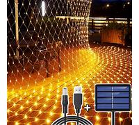 204 LEDs Guirnaldas Neta Luz, 3M X 2M Impermeable de luz de Red Alimentado por Energía Solar/USB, Recargable Malla Cortina Luce de Iluminación para Navidad Decoración Interior Exterior, Blanco Cálido