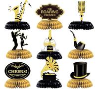 20er Jahre Deko Tischdeko Set 9 Stück, Roaring Twenties Party Mittelstücke mit 3D Waben, doppelseitig bedruckte Karton-Aufsteller für Geburtstag, Mottoparty und Foto Requisiten