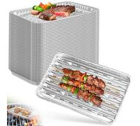 20Pcs Bandejas Barbacoa Aluminio con Agujeros 34x23cm, Tazones Revestimiento Alu Desechables, Recipientes Bandeja Goteo con Superficie Inferior Acanalada para Horno, Cocinar, Parrilla Al Aire Iibre