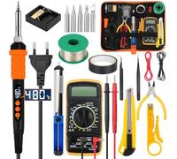 20PCS Soldador Estaño Set, 90W Soldador Estaño Temperatura Ajustable 180-480°C con 5 Pcs Puntas Diferentes, Kit Soldadura Eléctrónica con Multímetro Digital, Bomba Desoldadora, Alambre de Soldadura