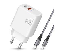 20W USB C/A Cargador Carga Rapida + Cable Lightning Nylon para iPhone | Para iPhone 14/13/12/11/Pro/Max/mini/SE/XR/XS/X/8, iPad de Lightning, Enchufe Original Apples con Cable 1m, Carregador