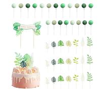 21 piezas de hojas verdes para tartas, 20 bolas de pastel, 1 pancarta de cumpleaños, juego de decoración de tartas de cumpleaños, inserciones decorativas para cupcakes, accesorios de decoración de