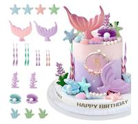 21 piezas de toppers para pasteles de sirena - Decoraciones para pasteles de sirena con algas, conchas y estrellas de mar, decoraciones de pastel bajo el mar para fiestas de cumpleaños