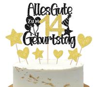 21 unidades de decoración para tartas con texto en alemán "Alles Gute zum 14 Geburtstag" 14th Happy Birthday Cake Topper kleine Stern Herz Kuchen Deko für Junge Mädchen 14th Geburtstag Party Kuchen