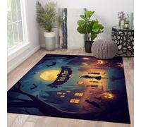 210x240cm Alfombra Halloween Escena Nocturna Escobas de Bruja | Casa de calabaza y luna llena alfombra antideslizante de pelo bajo espeluznante castillo encantado alfombra lavable interior