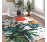 210x240cm Alfombra Retro Palma Tropical Pueblo Costero Lavable | Red Sun Antideslizante Alfombra de pelo bajo Mid Century Beach Soft Interior para salón