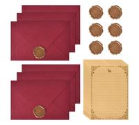 22 Piezas Juego de Papeles Sobres Vintage Papel, 6 Papeles Sobres, 10 Papelería Vintage Papel y 6 Pegatinas Sellos de Cera, para Invitaciones Bodas Tarjetas (Rojo Oscuro)
