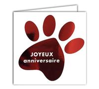 22217 - Tarjeta cuadrada con texto "Feliz cumpleaños", diseño de huella de gato, diseño de corazón rojo brillante, con sobre blanco, 15 x 15 cm, diseño de impresión de fabricación francesa, colección