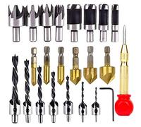 23 Pack Woodworking Chamfer Drilling Tool,6Pcs 1/4" Hex Shank Countersink Drill Bits,7pcs Three Pointed Countersink Drill Bit with L-Wrench, 8PCS Wood Plug Cutter Tool Bits for Wood DIY Drilling